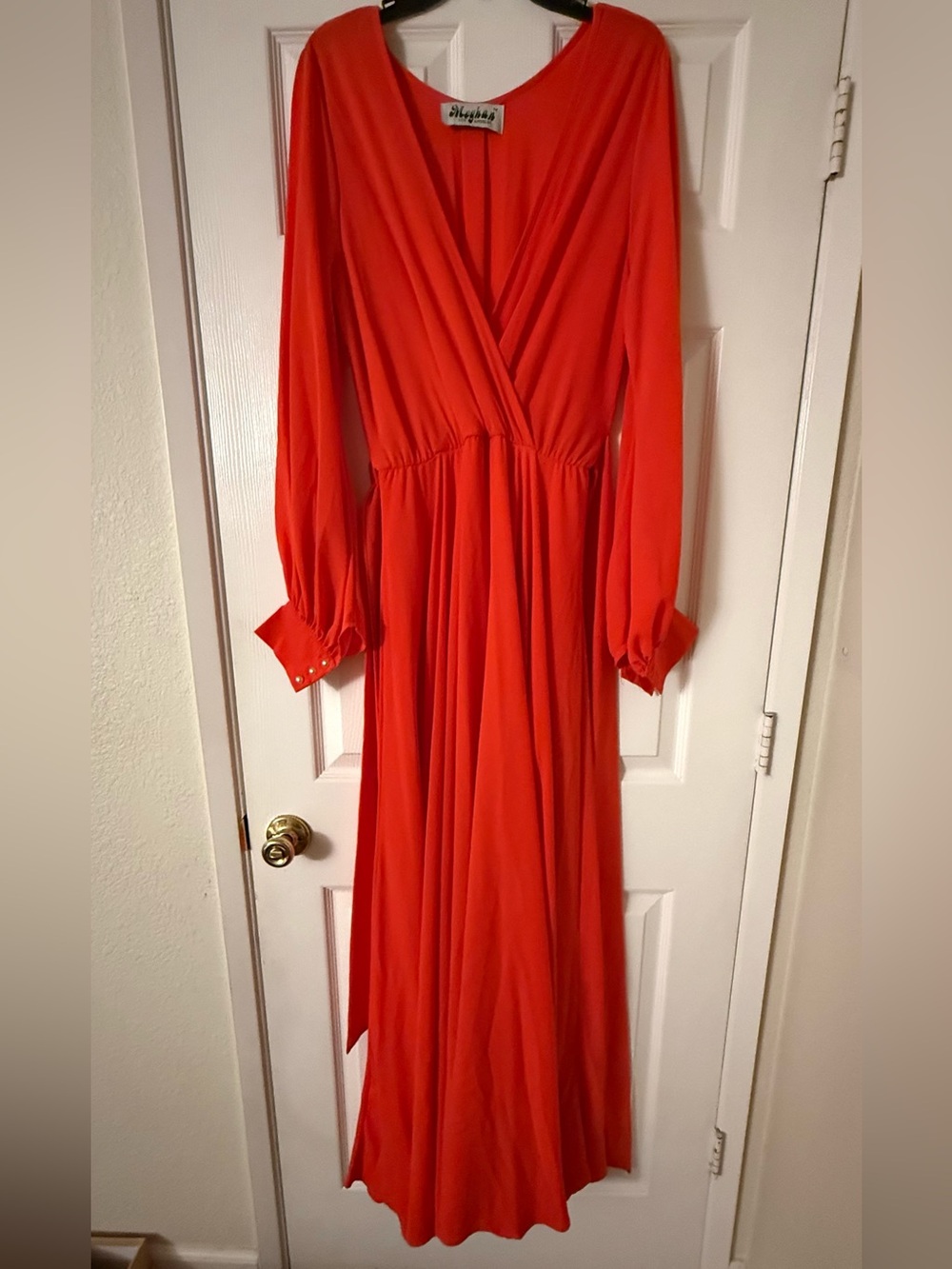 Meghan LA Bold bright orange Long Sleeve Wrap Maxi Dress